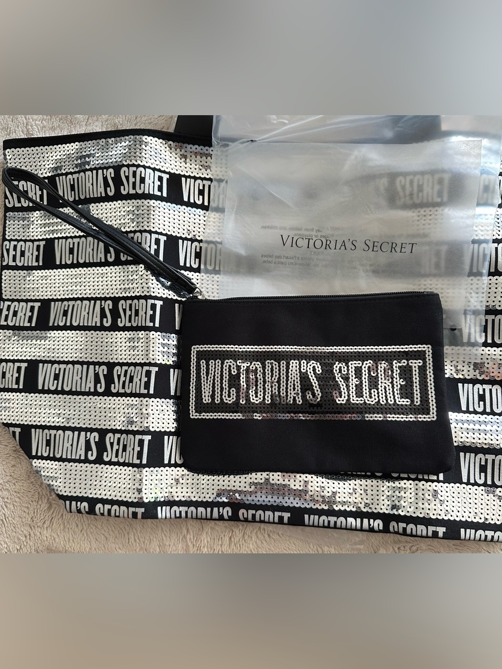 Victoria's Secret Silver Bling Sequin Tote Bag & wristlet toiletry make up bag